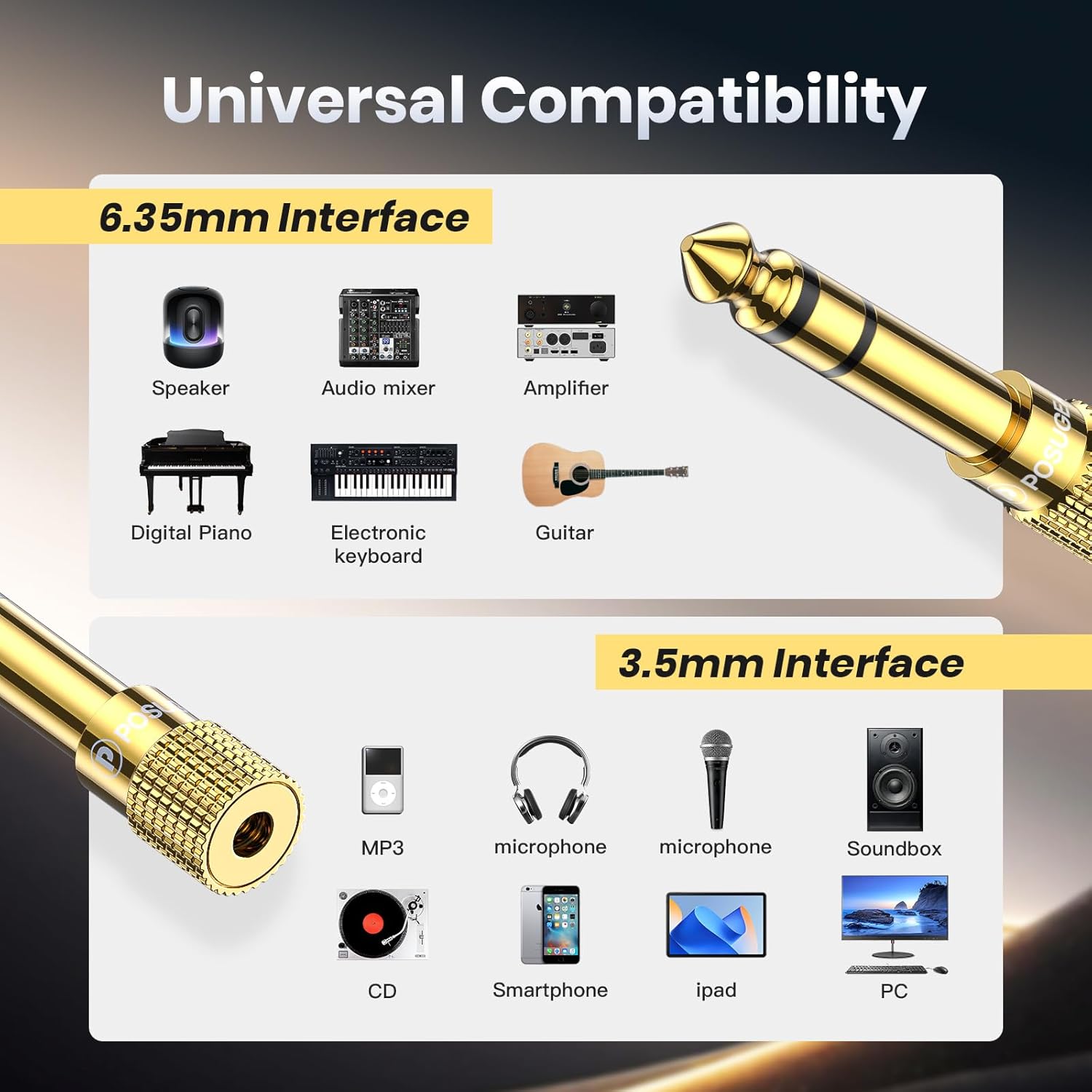 POSUGEAR 3.5mm to 6.35mm Headphone Adapter 5 Pack Gold Plated Stereo Jack