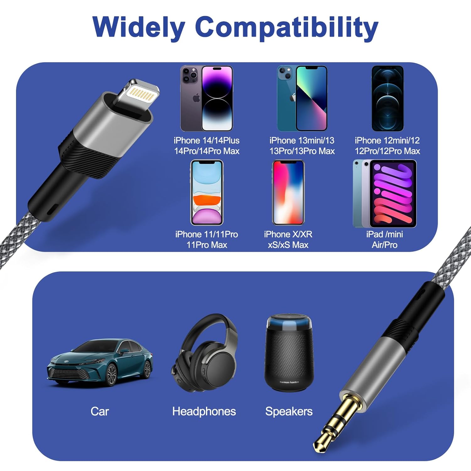 iPhone AUX Cable for Car 3.5mm Adapter Nylon Braided 1M Grey