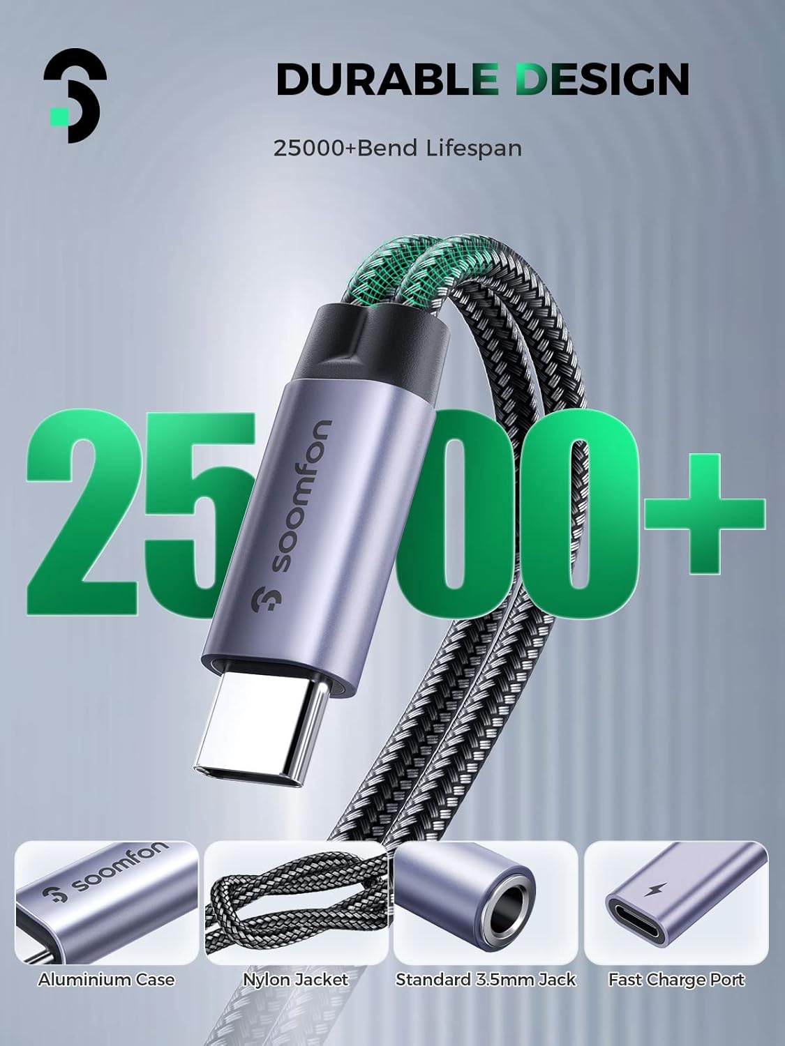 SOOMFON USB-C to 3.5mm Adapter with PD 60W Fast Charging Cable