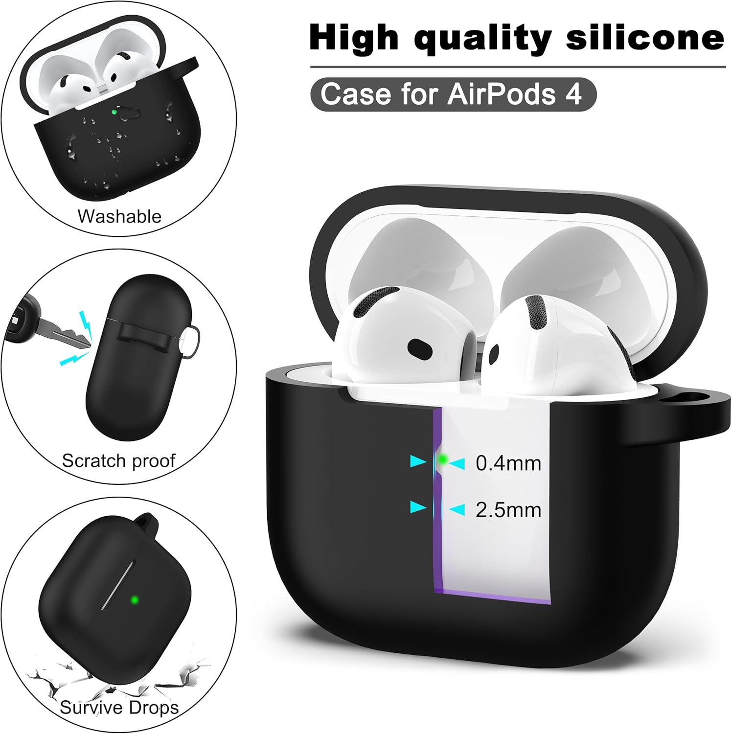 AirPods 4 Shockproof Silicone Case with Keychain & Cleaner, Black