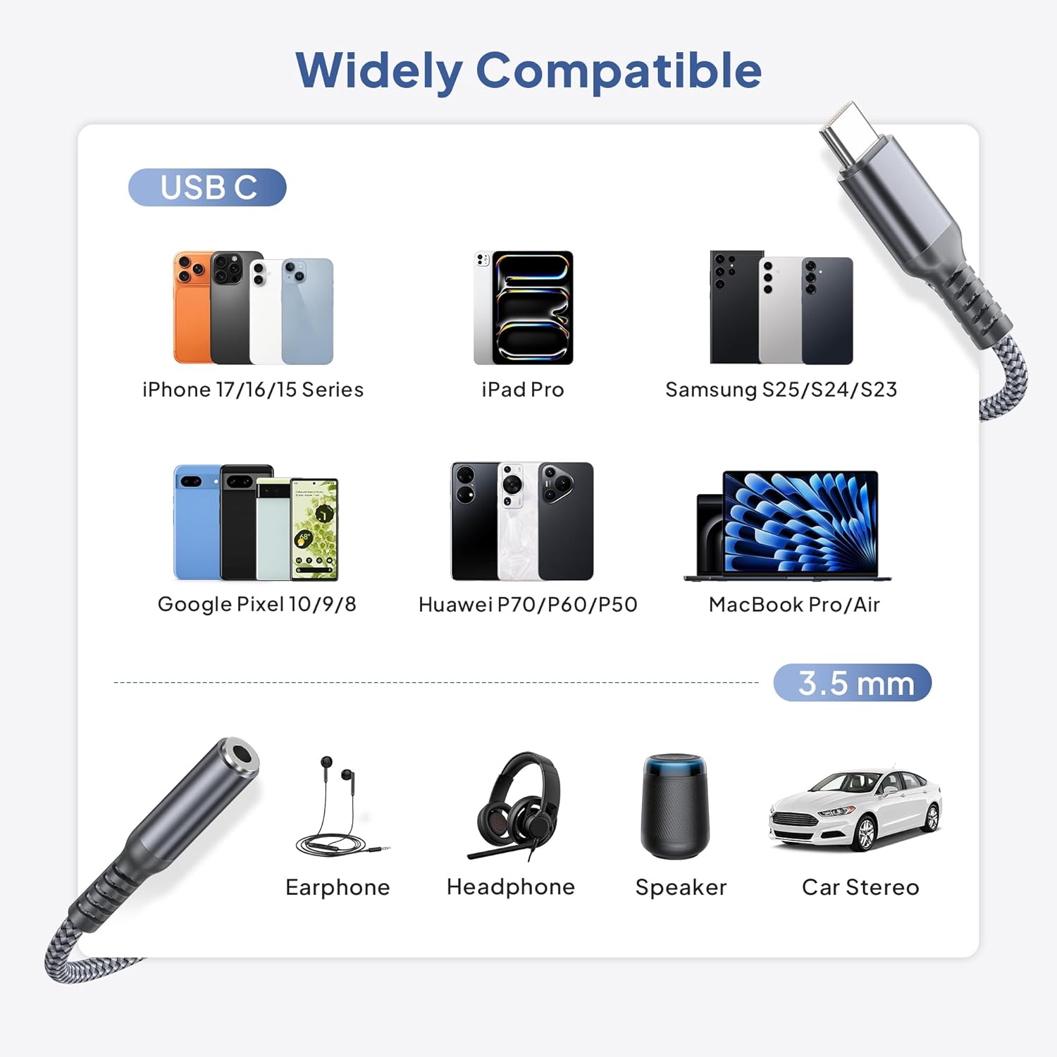Elebase USB-C to 3.5mm Adapter for iPhone 17/16, Premium Audio