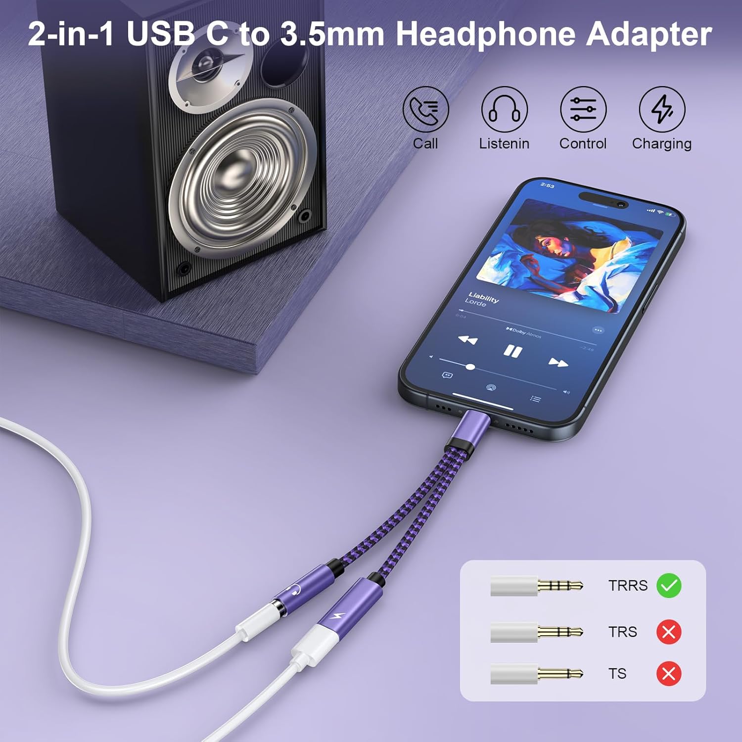 USB-C to 3.5mm Headphone + Charging Adapter 2-in-1 for Samsung iPhone