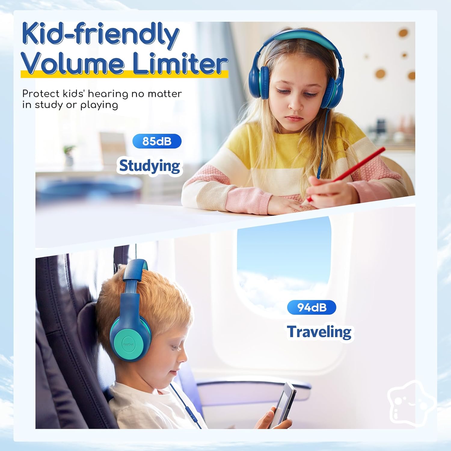 EarFun Kids Wired Headphones with Mic | 85/94dB Limit, Adjustable, Blue Green