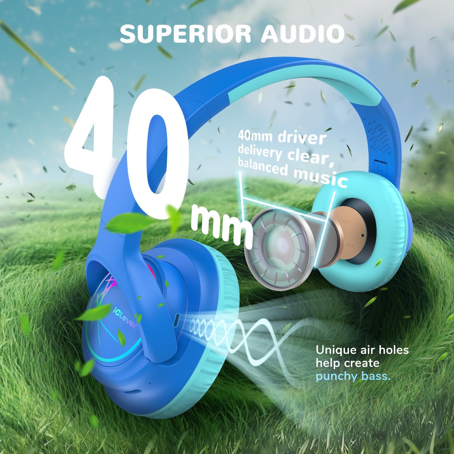 iClever Kids Wireless Headphones, Bluetooth 5.3, 43H Playtime LED