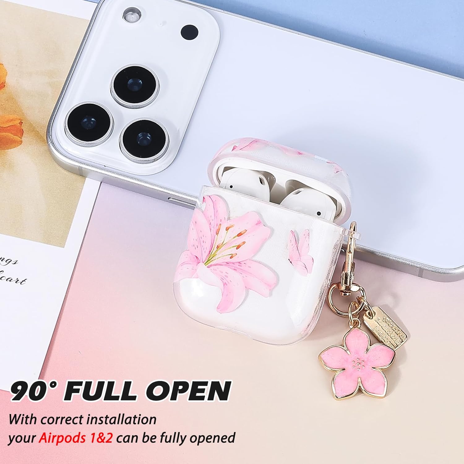 Transparent AirPods 1/2 Case with Flower Pendant, Pink Lily TPU Cover