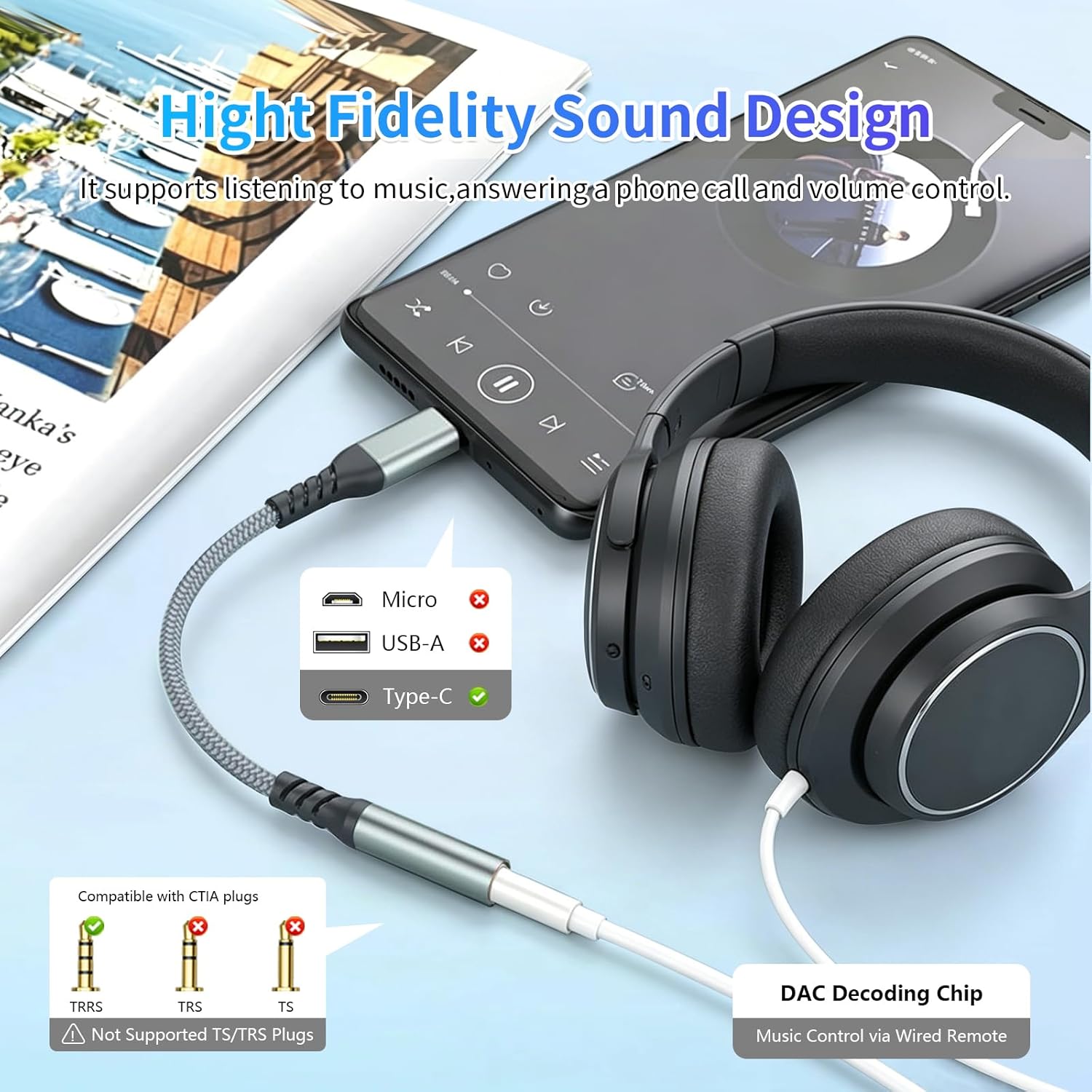 USB-C to 3.5mm Headphone Adapter DAC Hi-Fi Audio Converter 2PCS