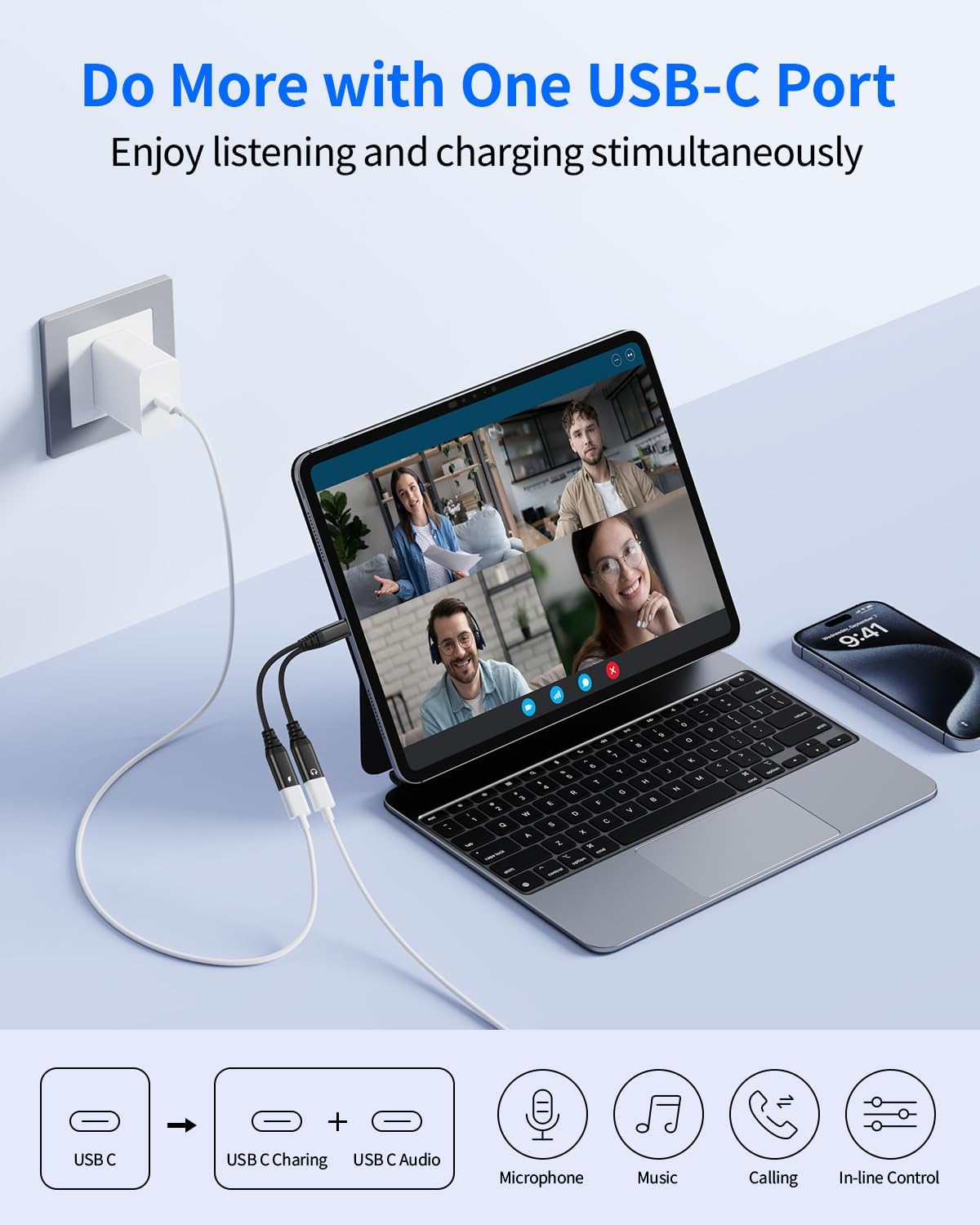 USB C Headphone Adapter with Charger, 2-in-1 Audio & Charging Splitter
