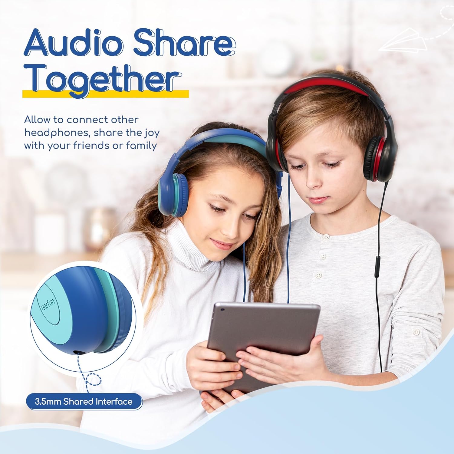 EarFun Kids Wired Headphones with Mic | 85/94dB Limit, Adjustable, Blue Green