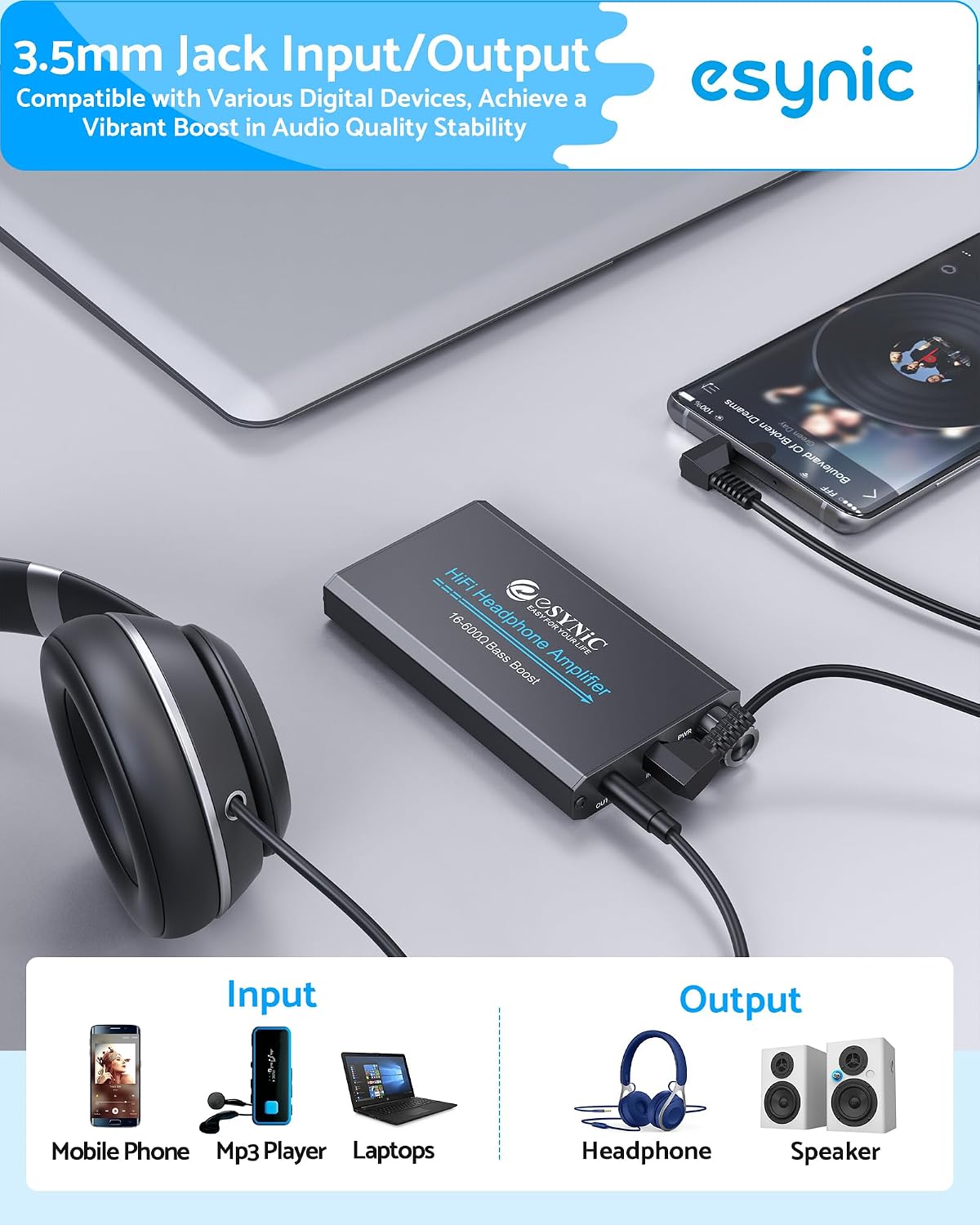 eSynic Rechargeable Headphone Amplifier 16–600Ω with Bass Gain