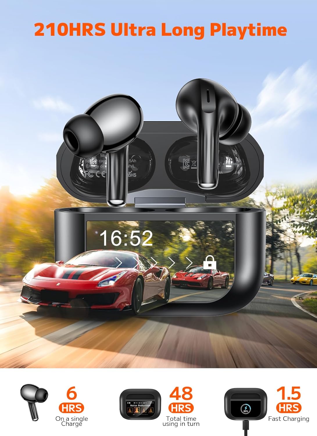 ZZU Wireless Earbuds Bluetooth 5.4, Touch Screen, ENC Noise Cancelling, 48H Playtime, HiFi Stereo (Black)