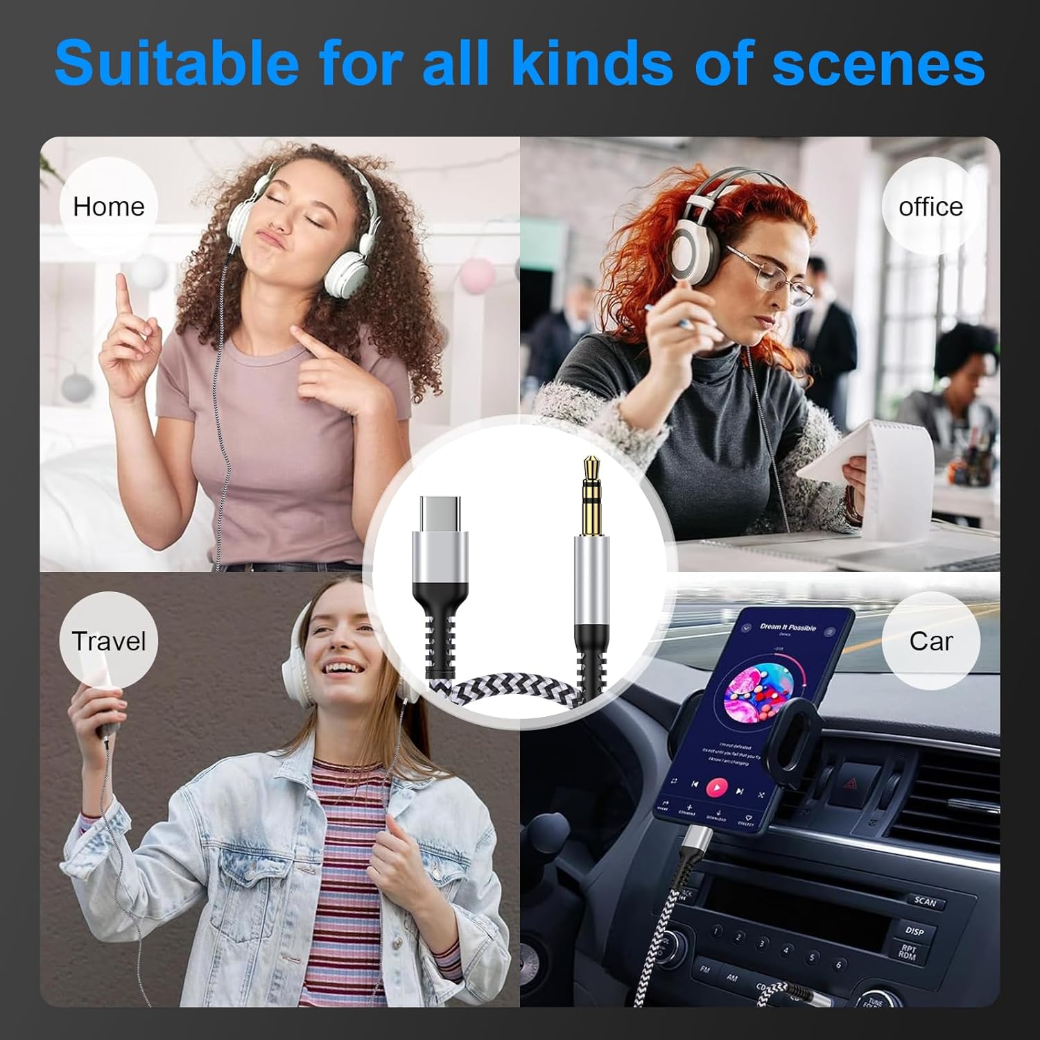 USB-C to 3.5mm Aux Cable for iPhone 17/16/15 & Samsung Car Audio