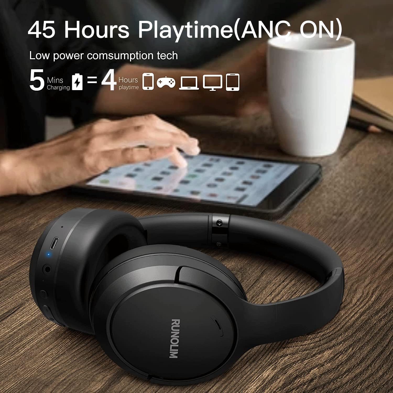 Hybrid ANC Wireless Headphones, 70H Playtime, Deep Bass, Foldable
