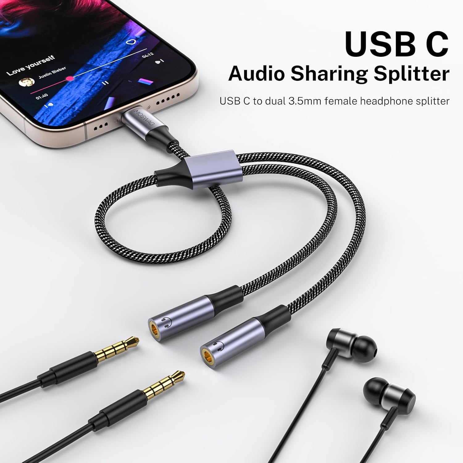 MOSWAG USB-C to Dual 3.5mm Audio Splitter Adapter for Two Headphones
