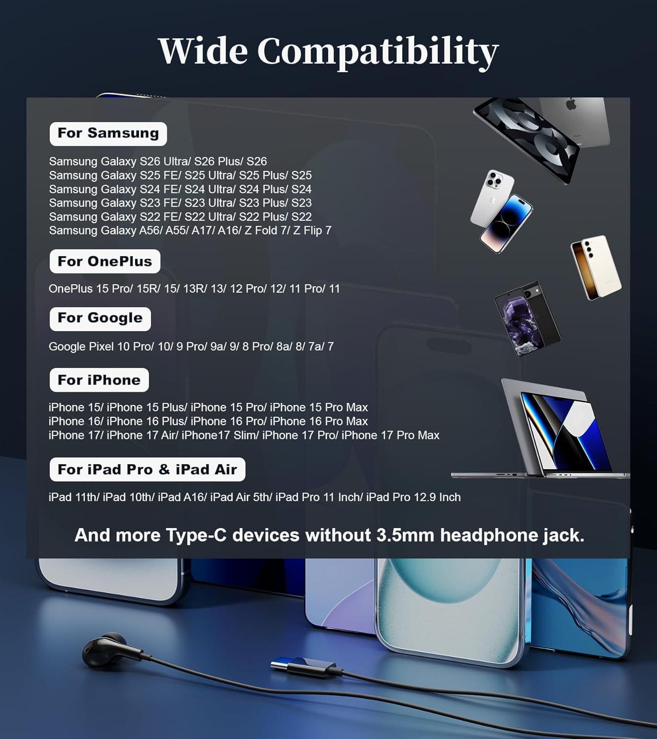 USB C Headphones Samsung S26 S25 iPhone 17 Wired Earbuds Type C 70C