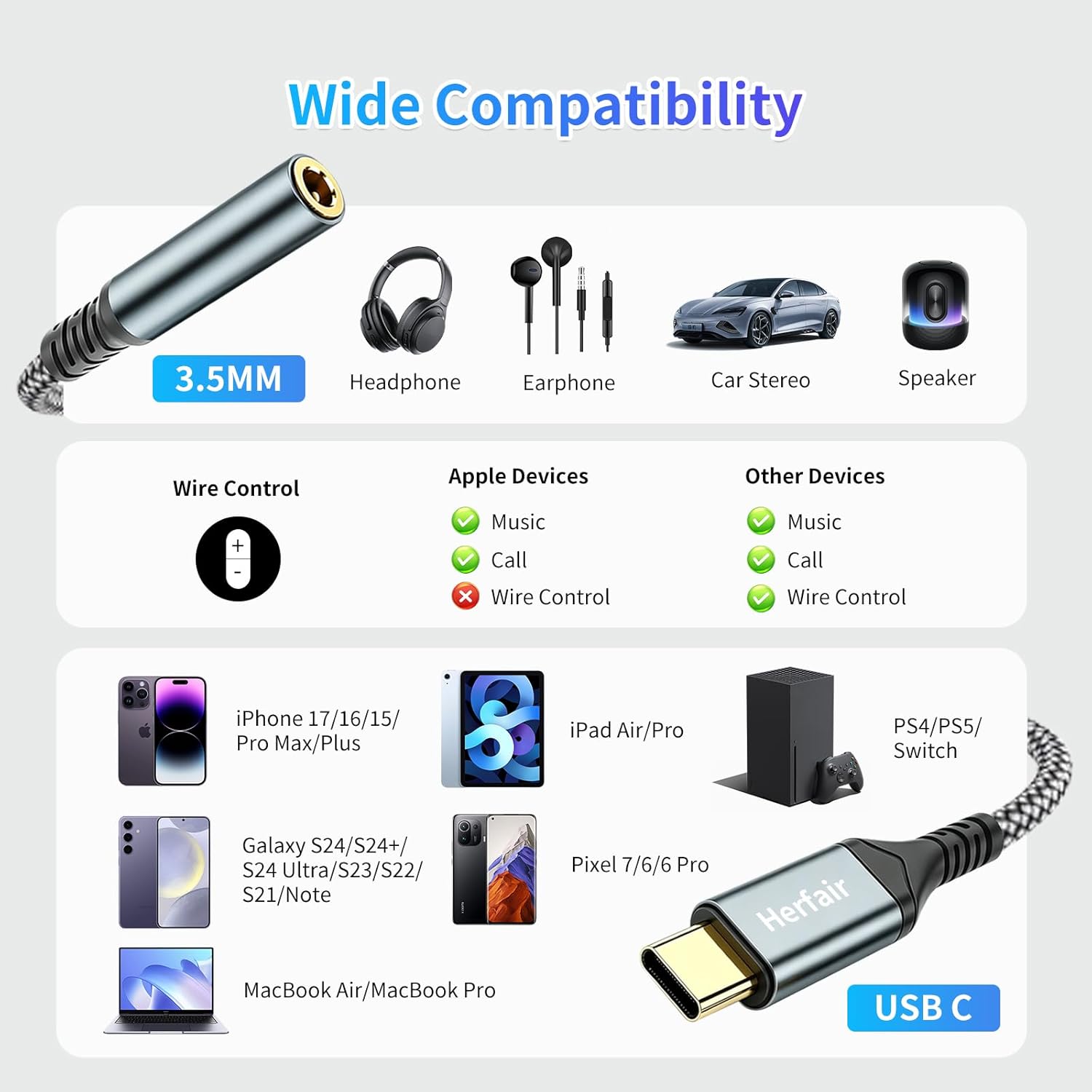 USB C to 3.5mm Aux Adapter Cable for iPhone Samsung Huawei Audio