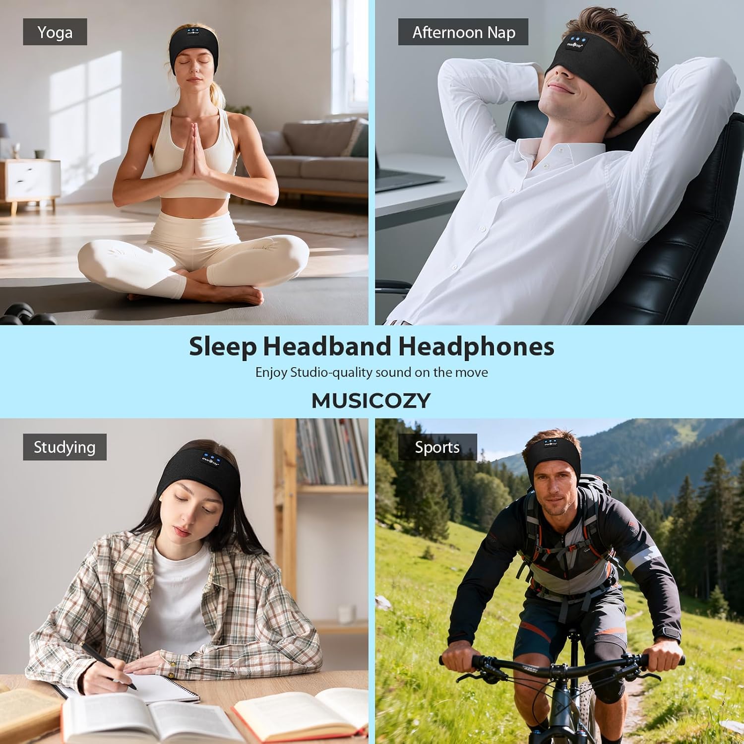 MUSICOZY Sleep Headphones Bluetooth Headband for Side Sleepers 16H Playtime