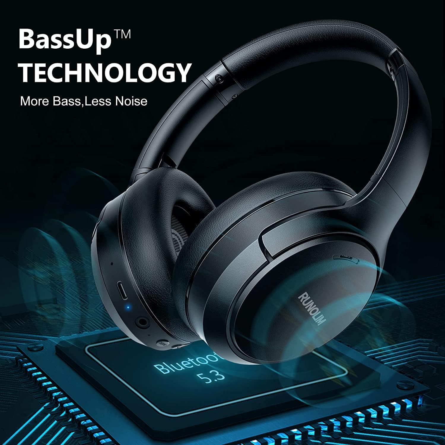Hybrid ANC Wireless Headphones, 70H Playtime, Deep Bass, Foldable