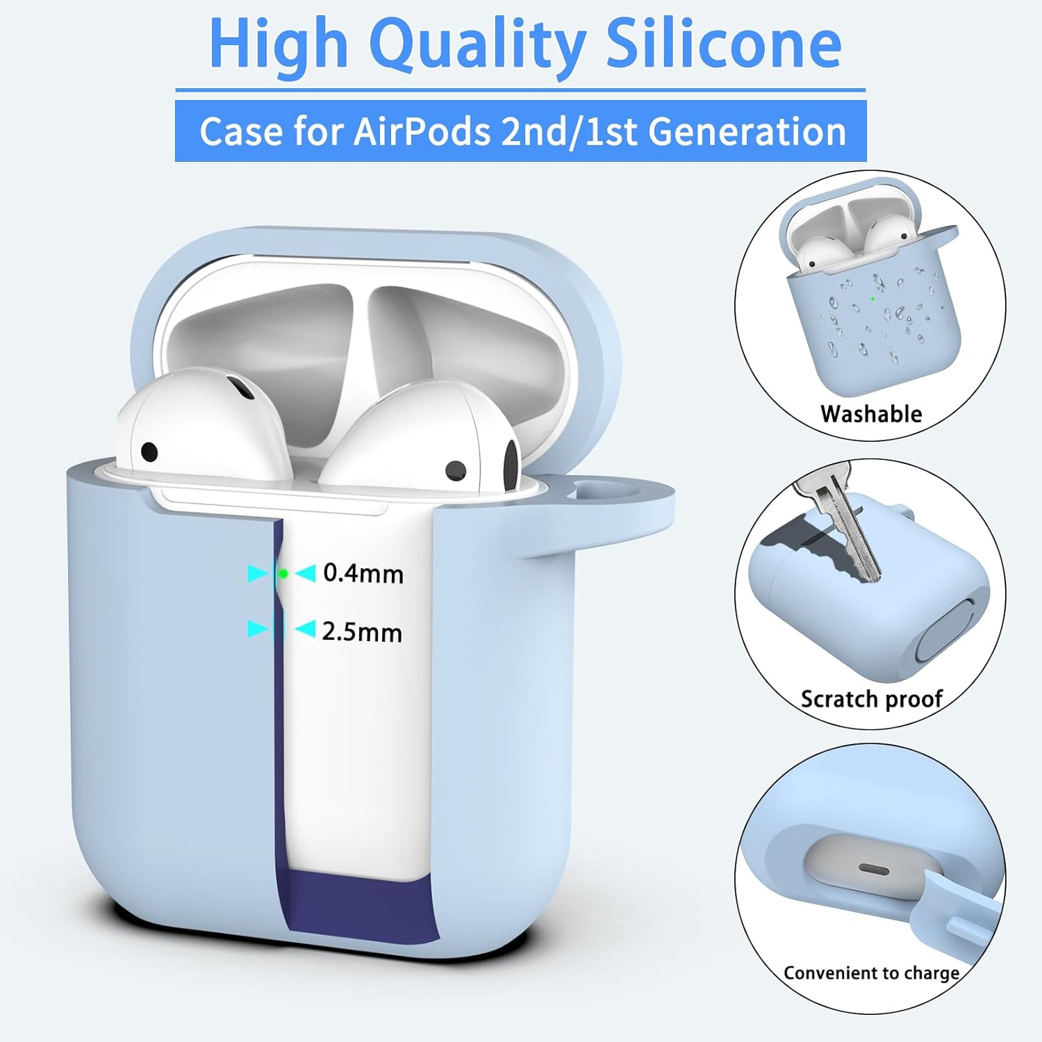 AirPods Case Cover with Cleaning Kit & Keychain, Sky Blue Silicone