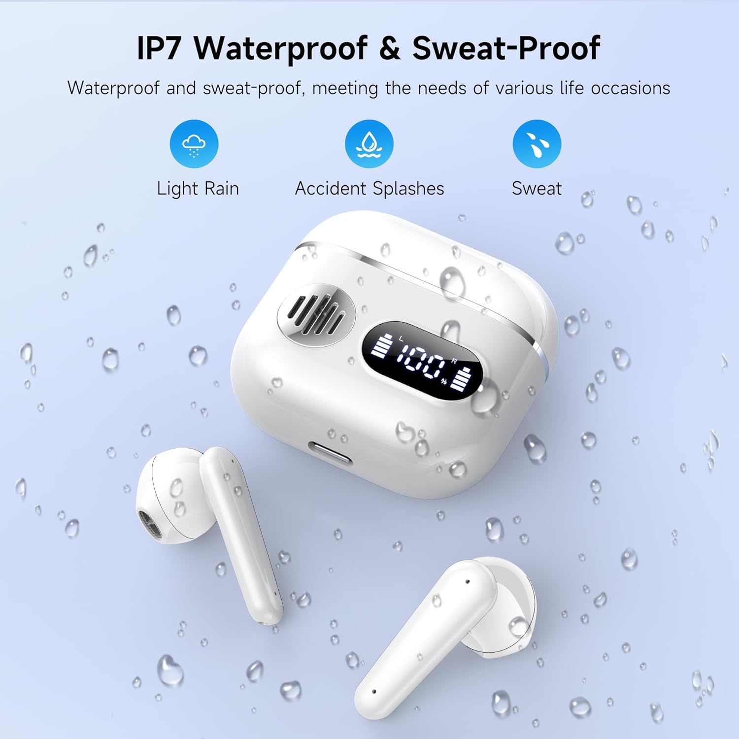 CoolJumper 2026 Bluetooth V6.1 Earbuds, Dual LED Display, Deep Bass, 48H Playtime, IP7 Waterproof (White)