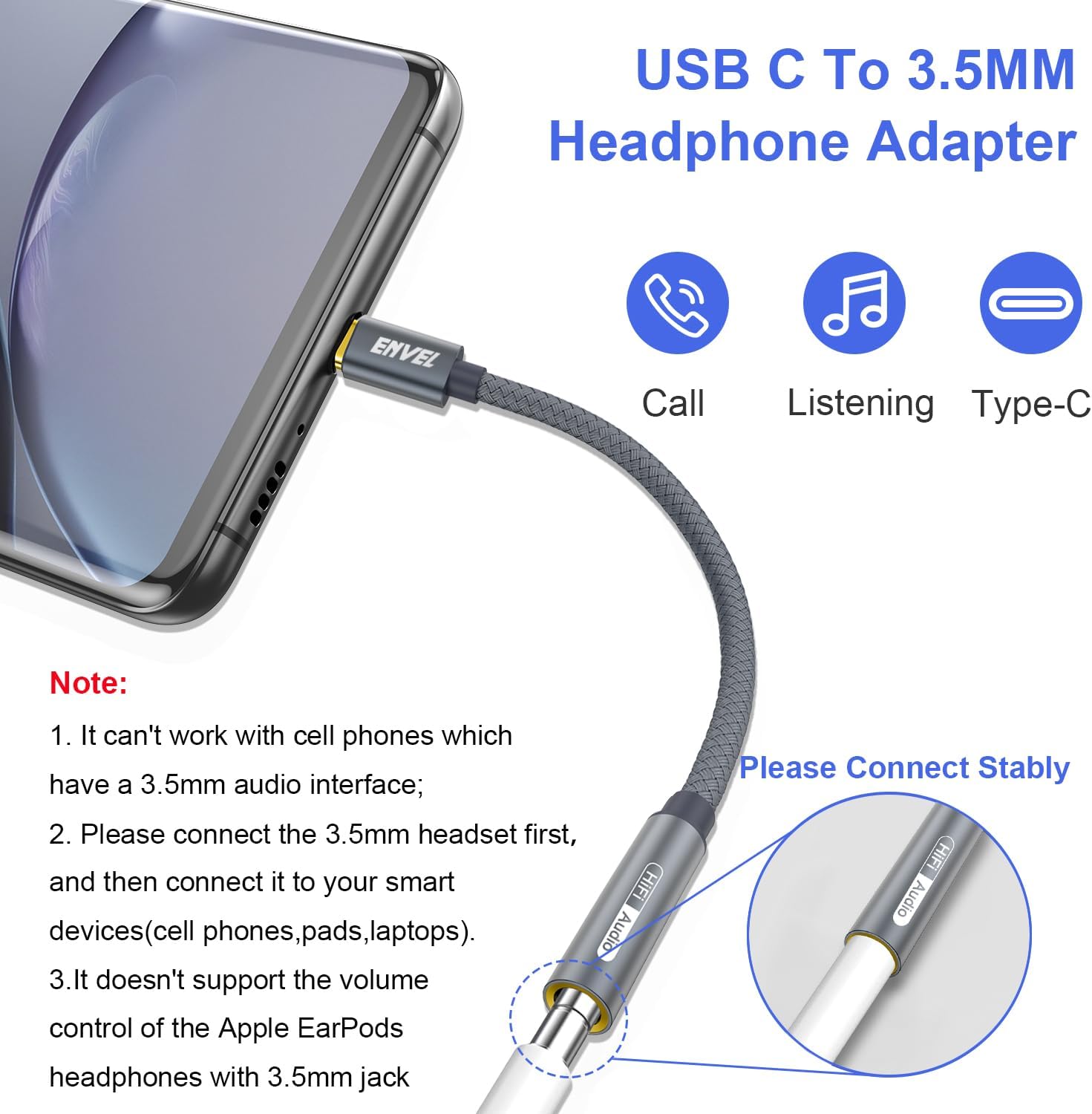 USB C to 3.5mm Headphone Adapter Type C Aux Cable for iPhone Samsung