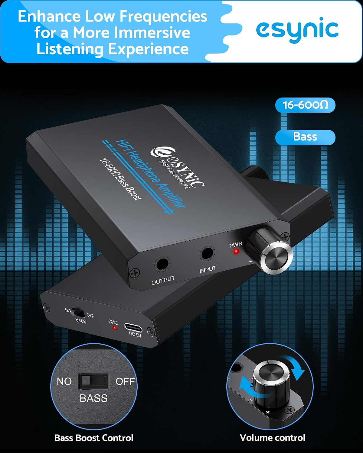 eSynic Rechargeable Headphone Amplifier 16–600Ω with Bass Gain