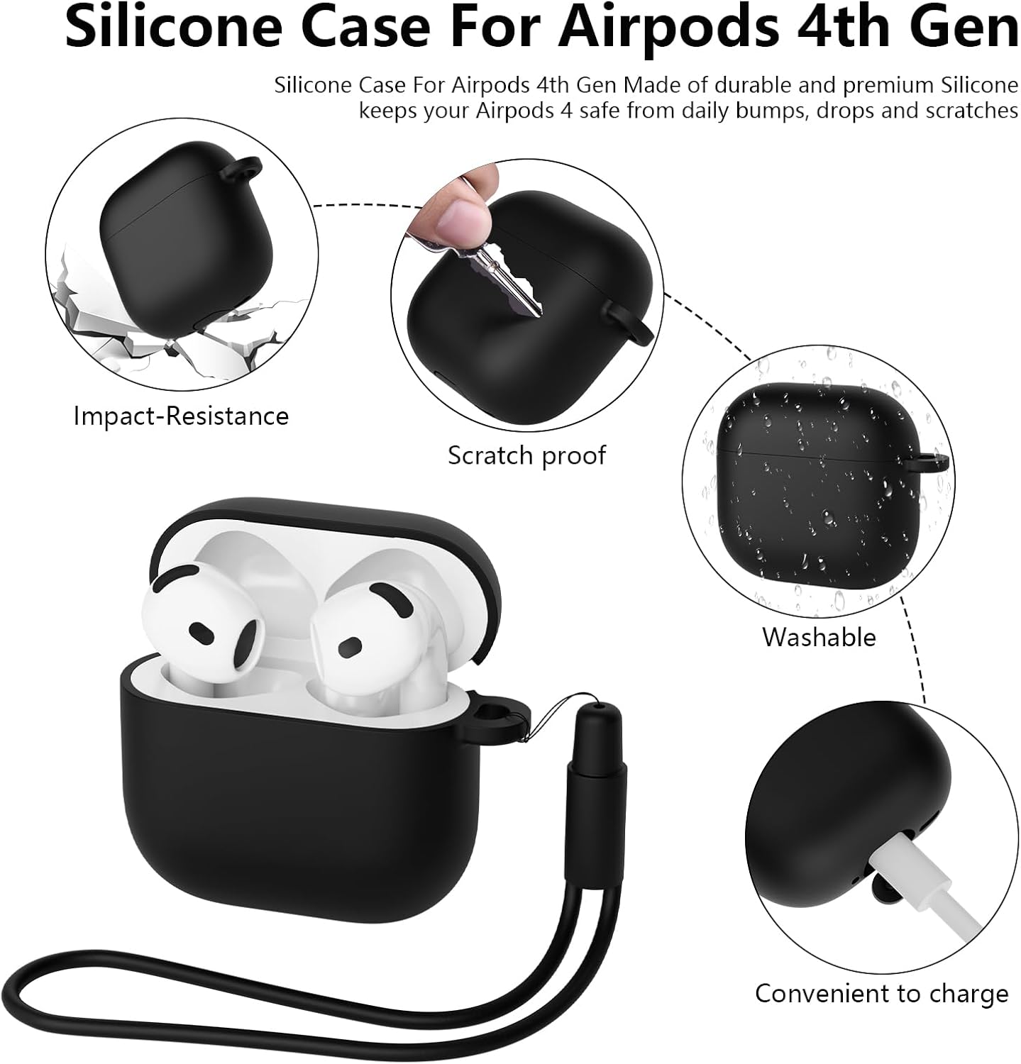 AirPods 4 Case Cover with Cleaner Kit, Soft Silicone Shockproof Black Case