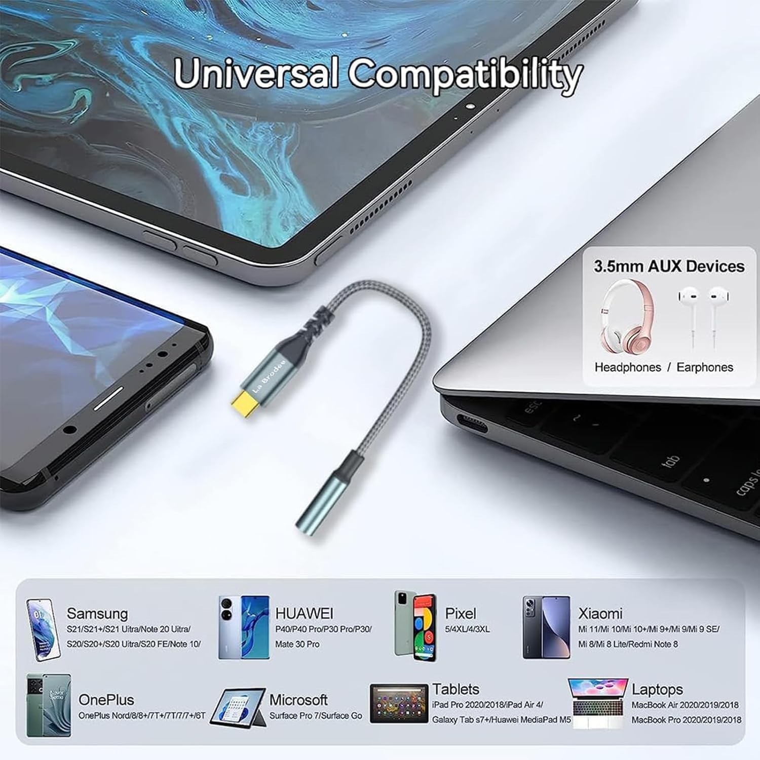 USB-C to 3.5mm Aux Adapter, Type C to Jack Audio Converter Cable