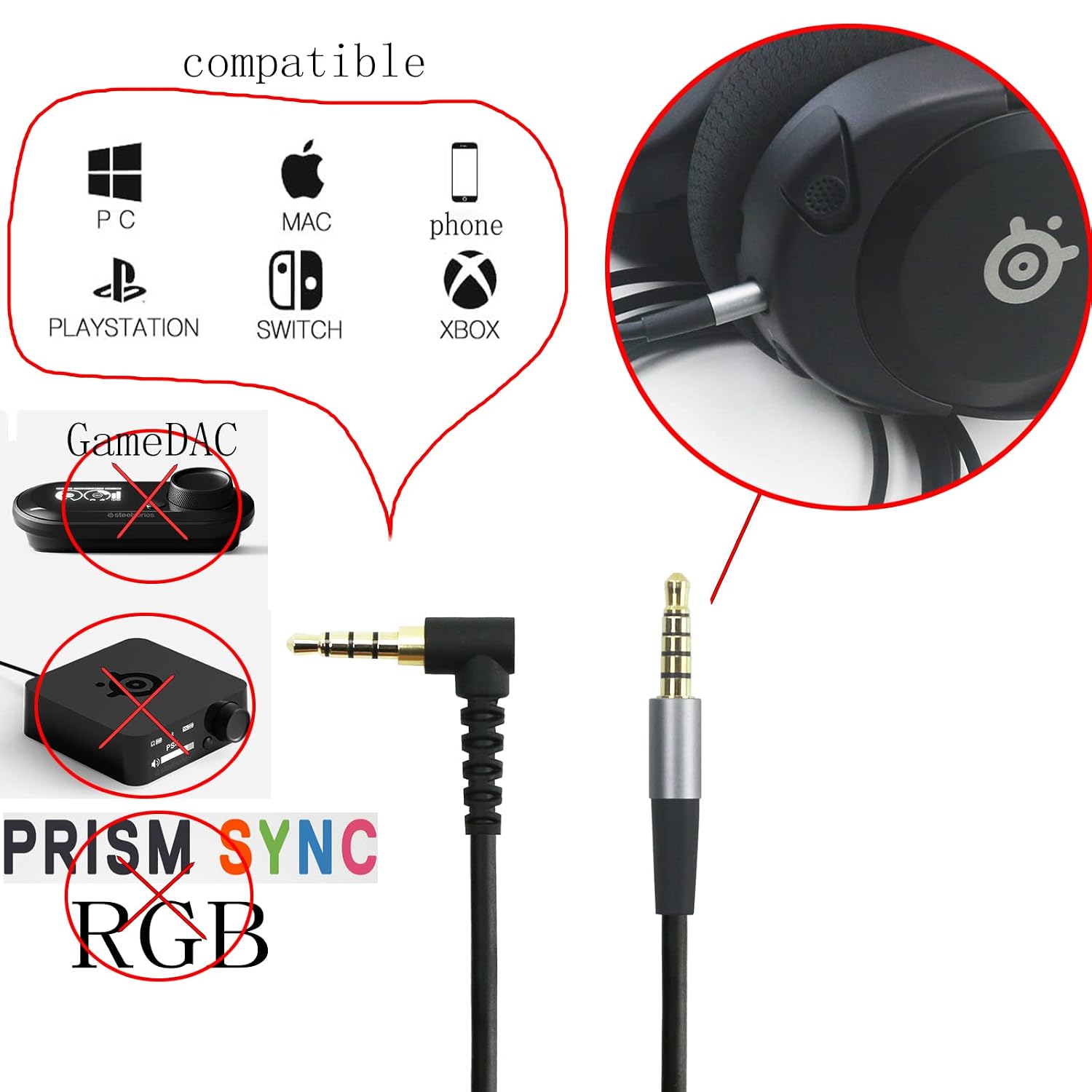 3.5mm 5-Pole Replacement Cable for SteelSeries Arctis Nova Headsets