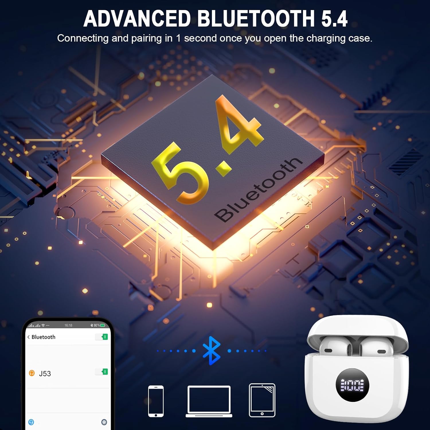 Wireless Bluetooth 5.4 Earbuds with ENC Noise Cancelling Mic, 40H Playtime, HiFi Stereo, Deep Bass, IP7 Waterproof, Fast USB-C Charge