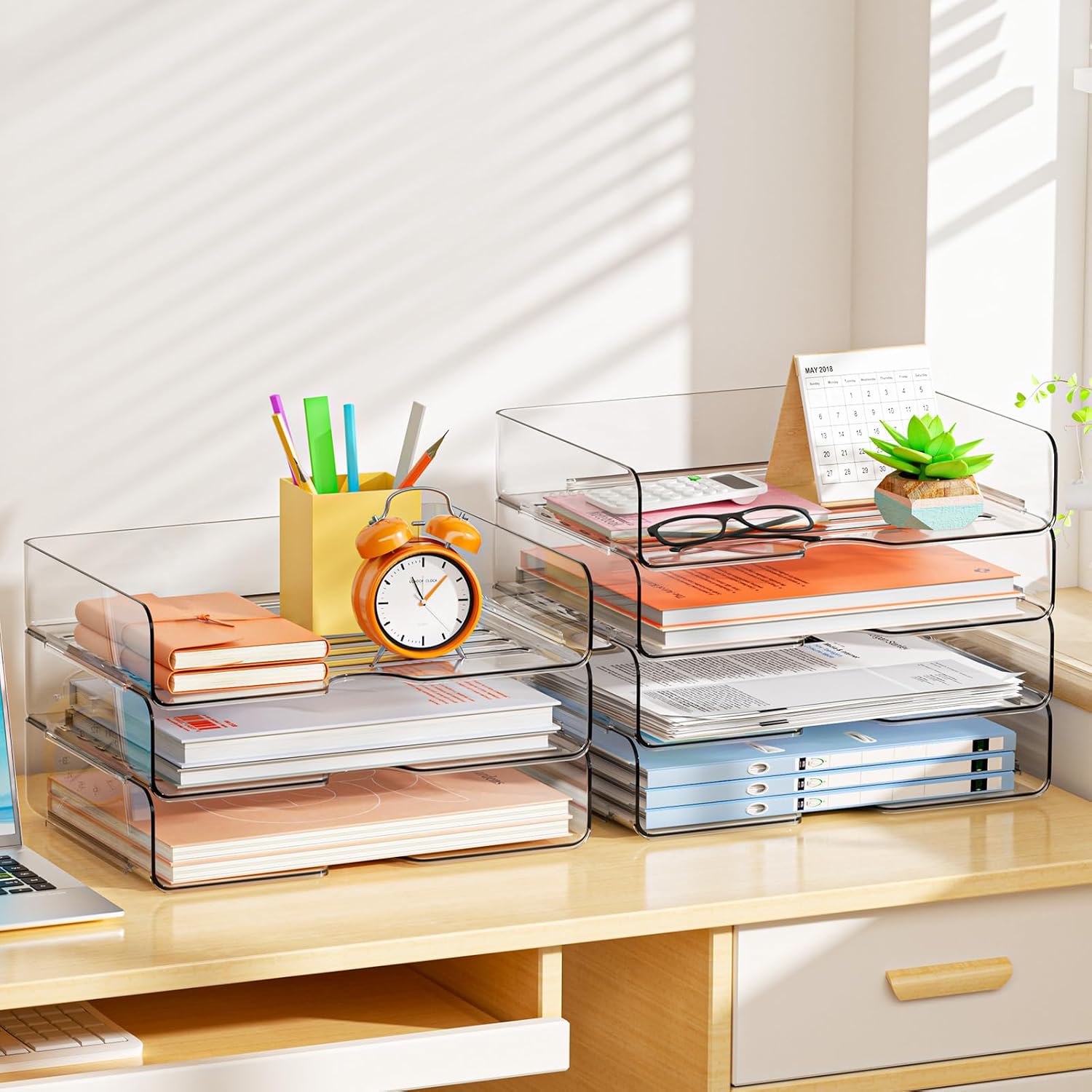 4 Pack A4 Acrylic Letter Tray Clear Stackable Document Organizer Filing Trays for Paper & Notes