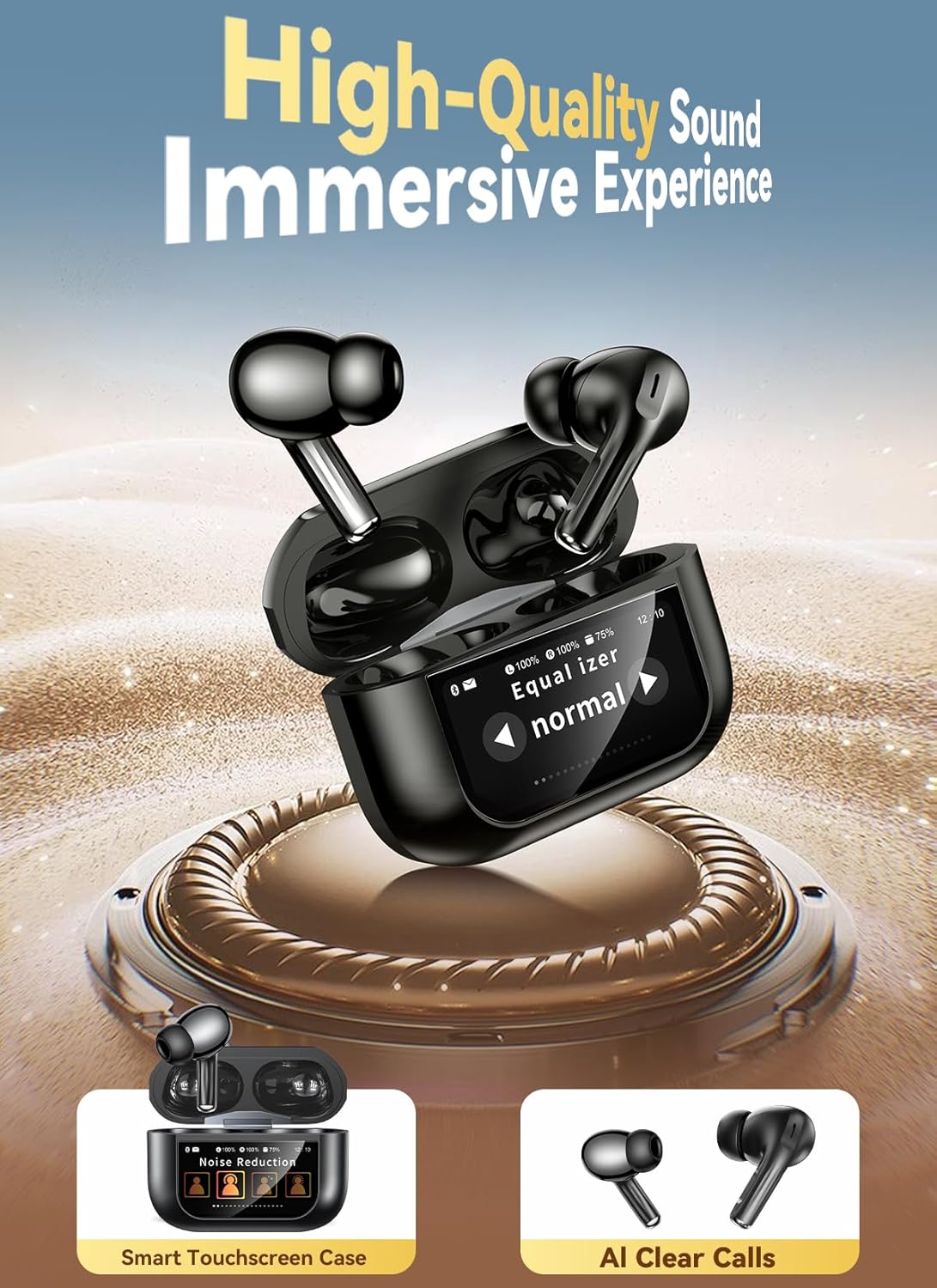 ZZU Wireless Earbuds Bluetooth 5.4, Touch Screen, ENC Noise Cancelling, 48H Playtime, HiFi Stereo (Black)
