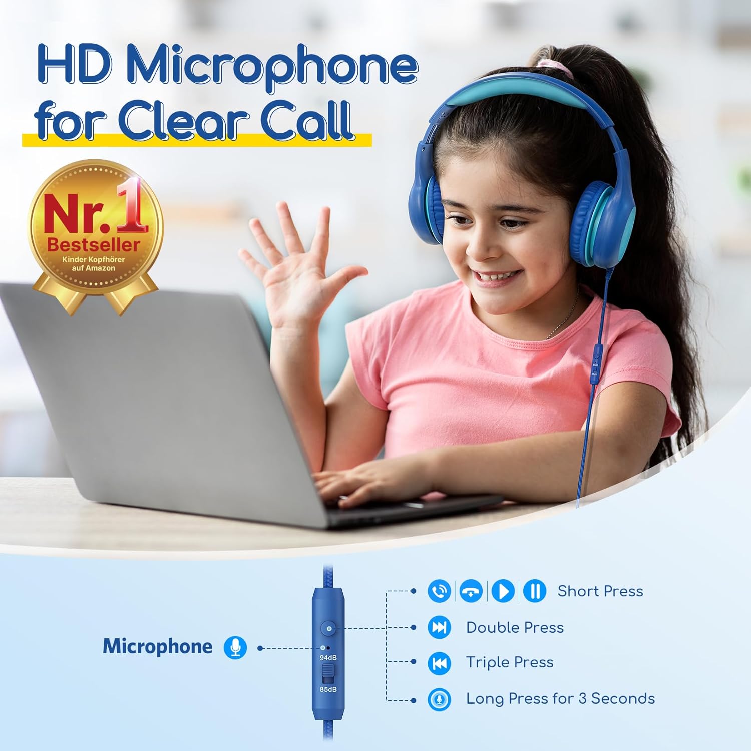 EarFun Kids Wired Headphones with Mic | 85/94dB Limit, Adjustable, Blue Green
