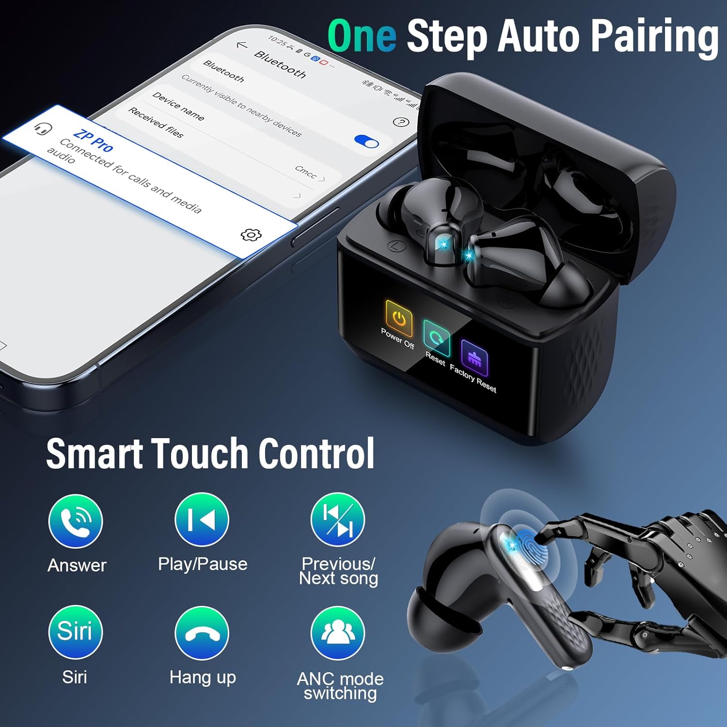 Wireless Bluetooth 5.4 Earbuds 2026, ANC/ENC Noise Cancelling, HiFi Stereo, Touchscreen, IP7 Waterproof (Black)