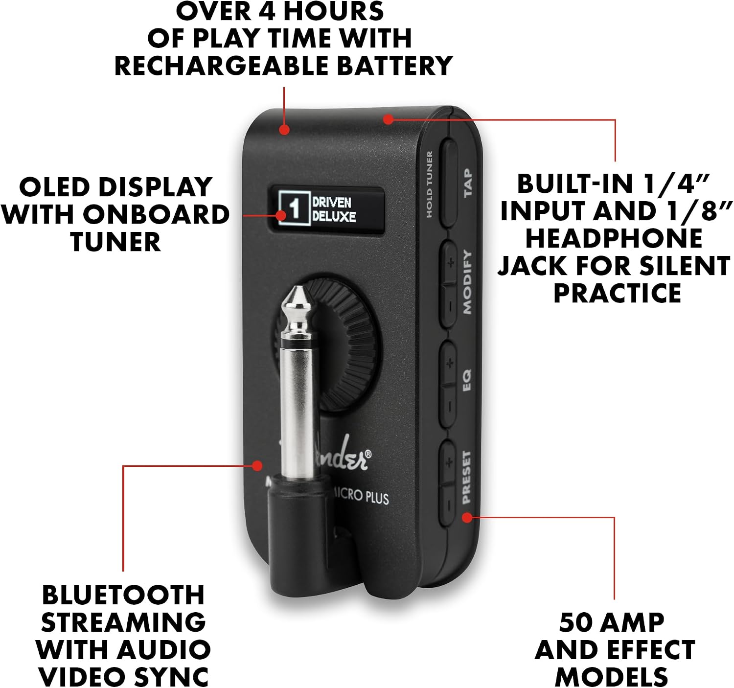 Fender Mustang Micro Plus Headphone Guitar Amp, Bluetooth, 25 Effec