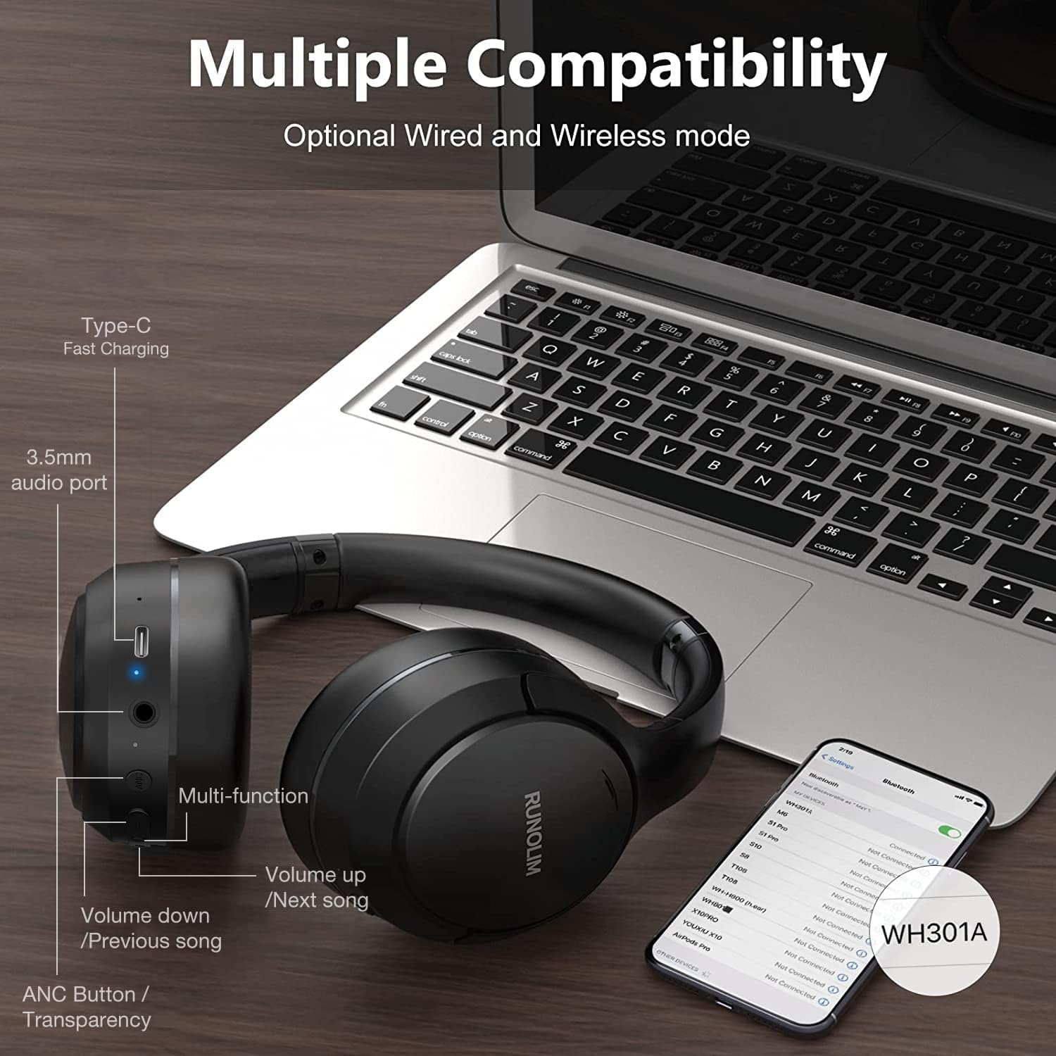 Hybrid ANC Wireless Headphones, 70H Playtime, Deep Bass, Foldable