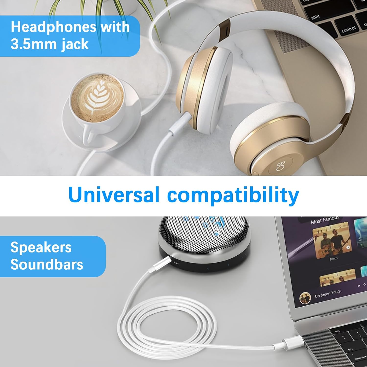 USB-C to 3.5mm Aux Cable for iPhone 16/15 & Samsung Car Audio