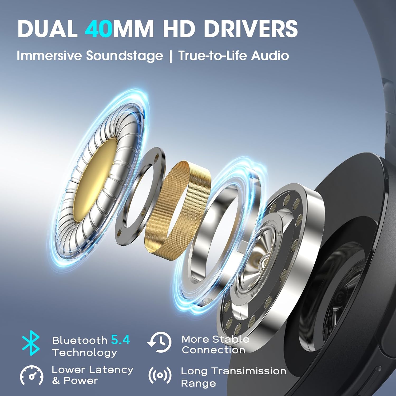 DOQAUS Wireless Over-Ear Headphones | 90H Playtime, 9 EQ Modes, Black