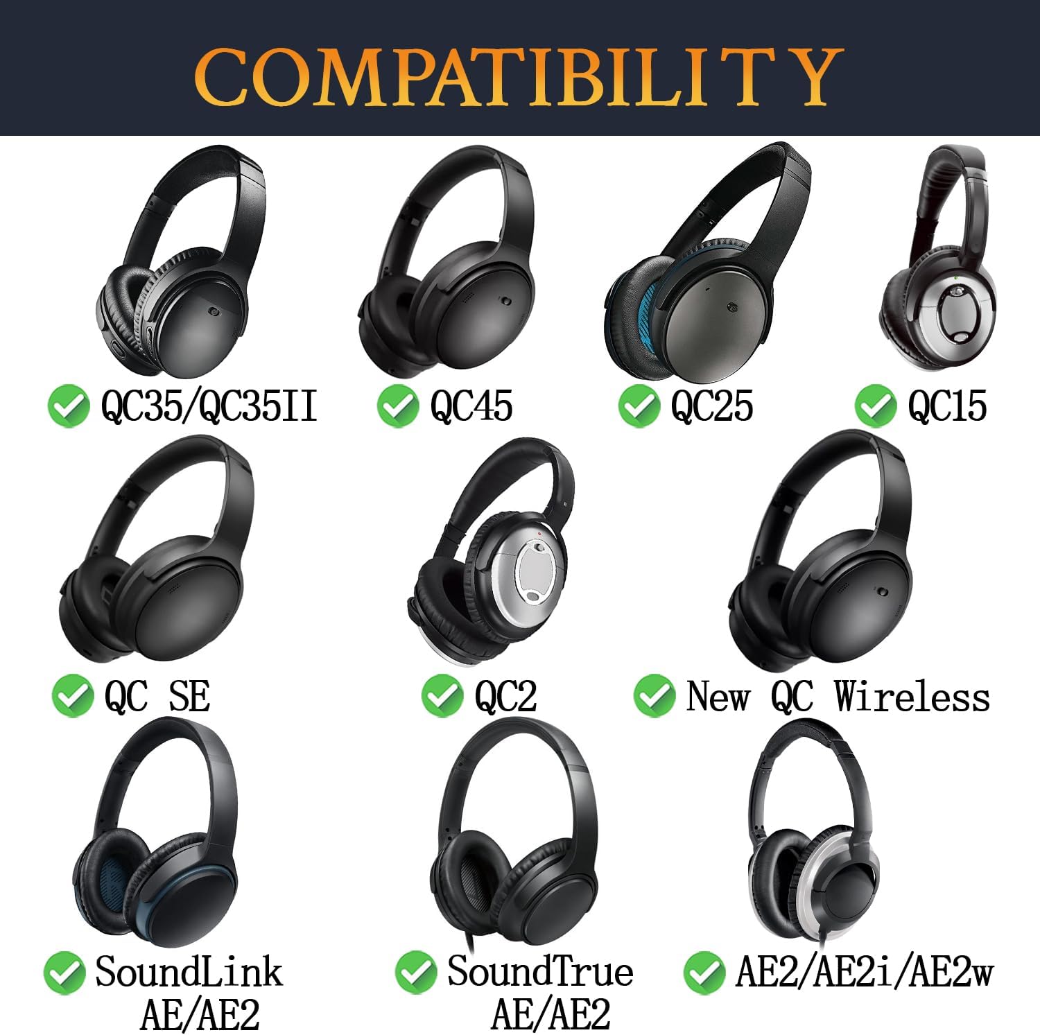 SoloWIT Earpads for Bose QC15/QC25/QC35, QC2, AE2 - Black/Blue