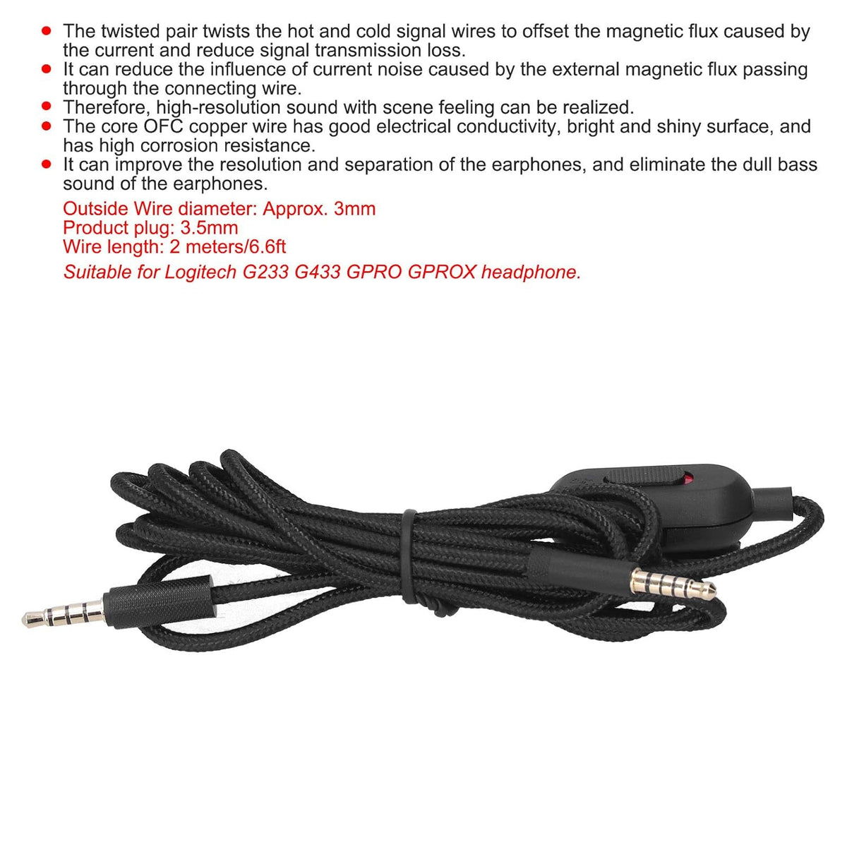 3.5mm Audio Cable for Logitech G Pro G233 G433 GPROX Headsets