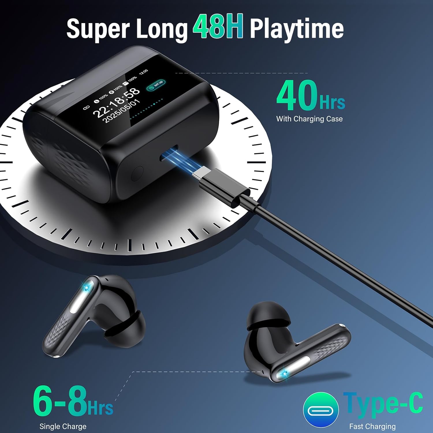 Wireless Bluetooth 5.4 Earbuds 2026, ANC/ENC Noise Cancelling, HiFi Stereo, Touchscreen, IP7 Waterproof (Black)