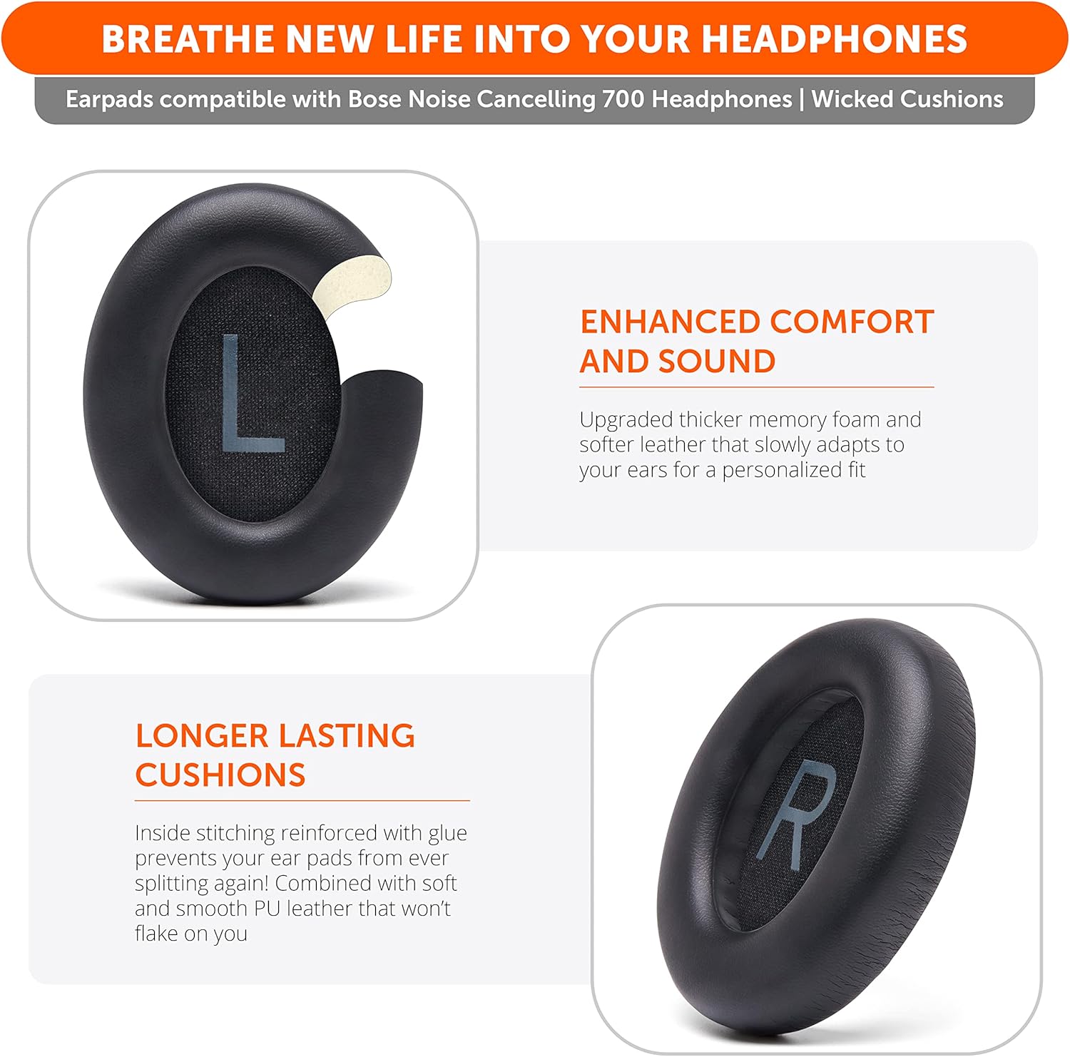 Bose 700 NC700 Replacement Ear Pads Memory Foam PU Leather Black