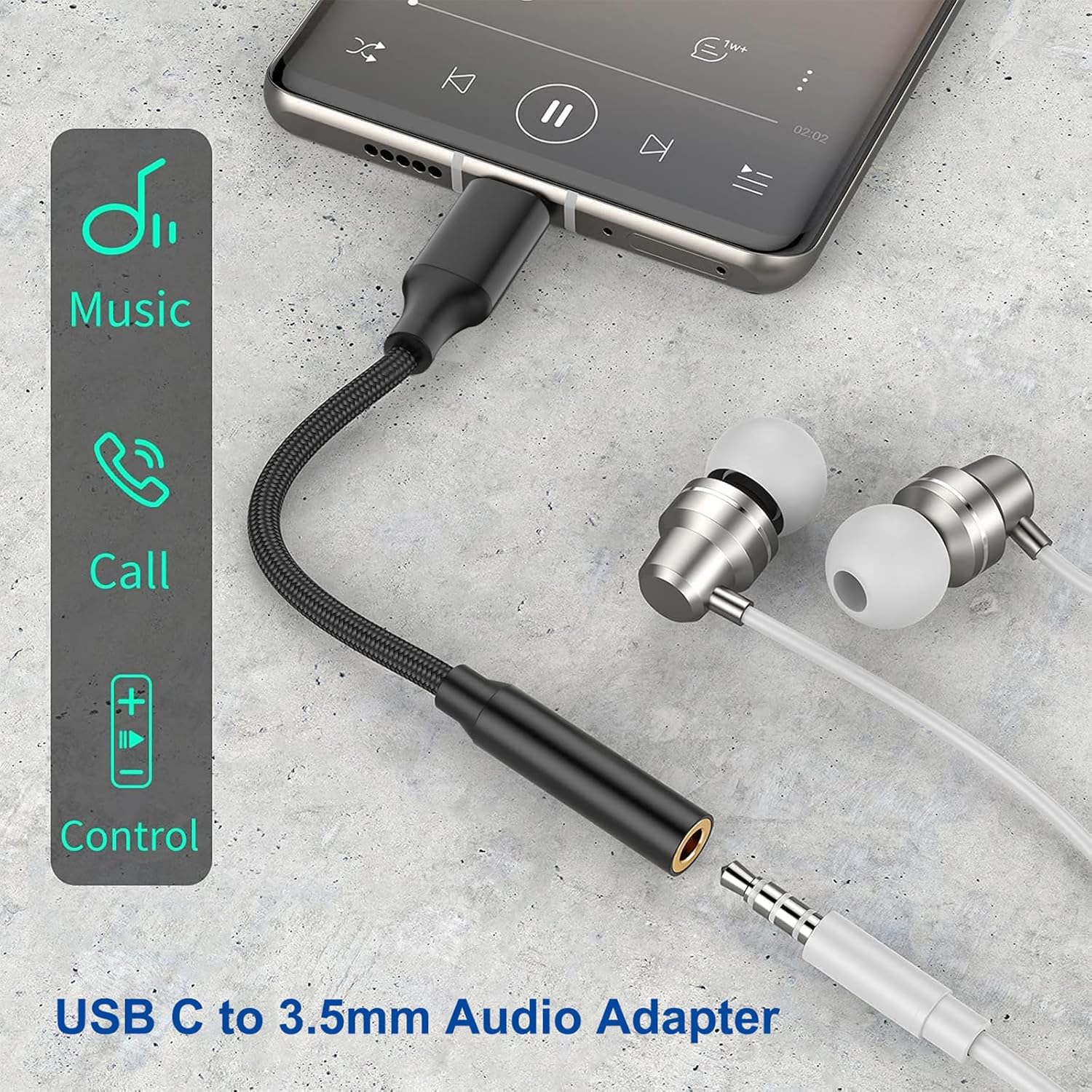 2 Pack USB-C to 3.5mm Headphone Adapter Nylon AUX Audio Cable