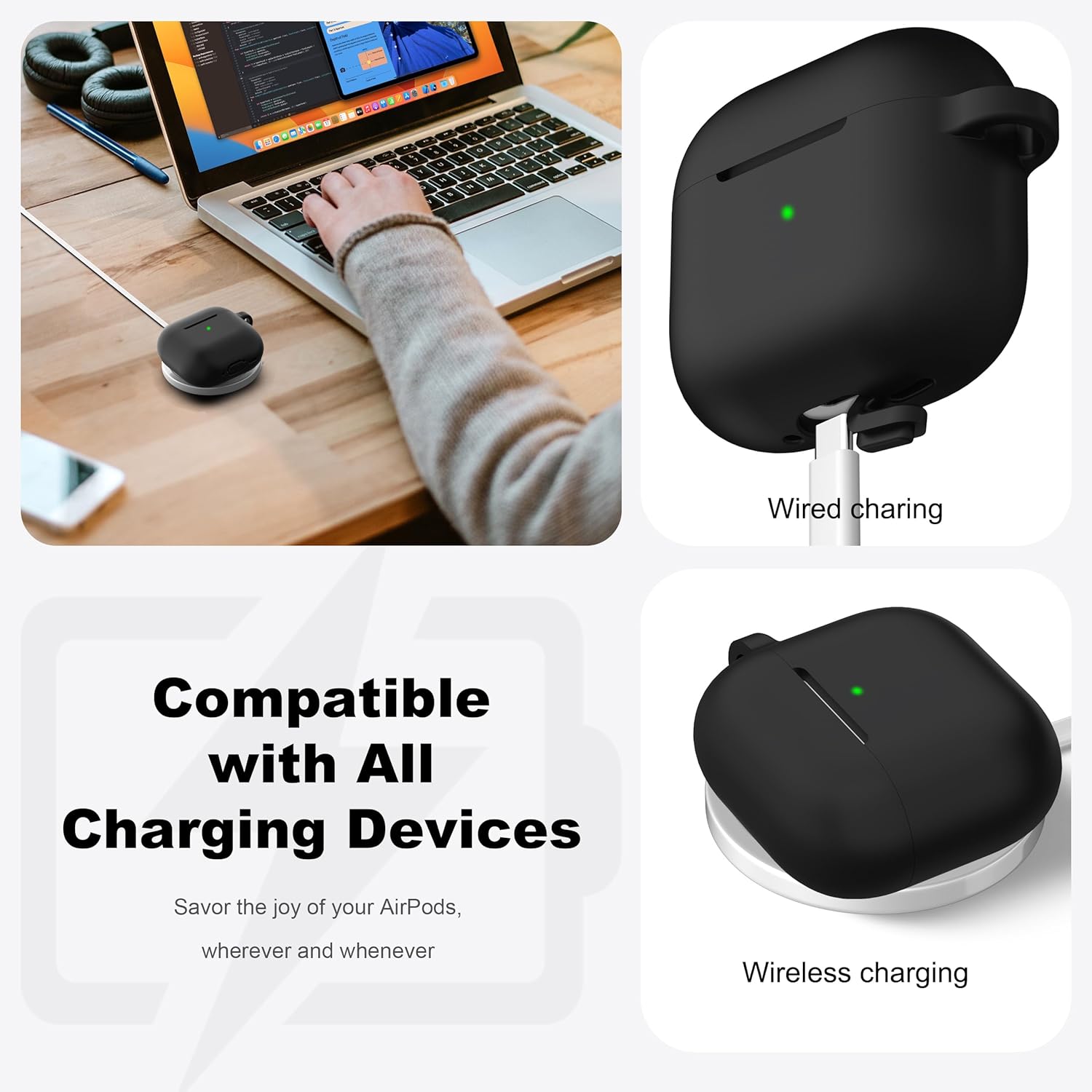 AirPods 4 Shockproof Silicone Case with Keychain & Cleaner, Black