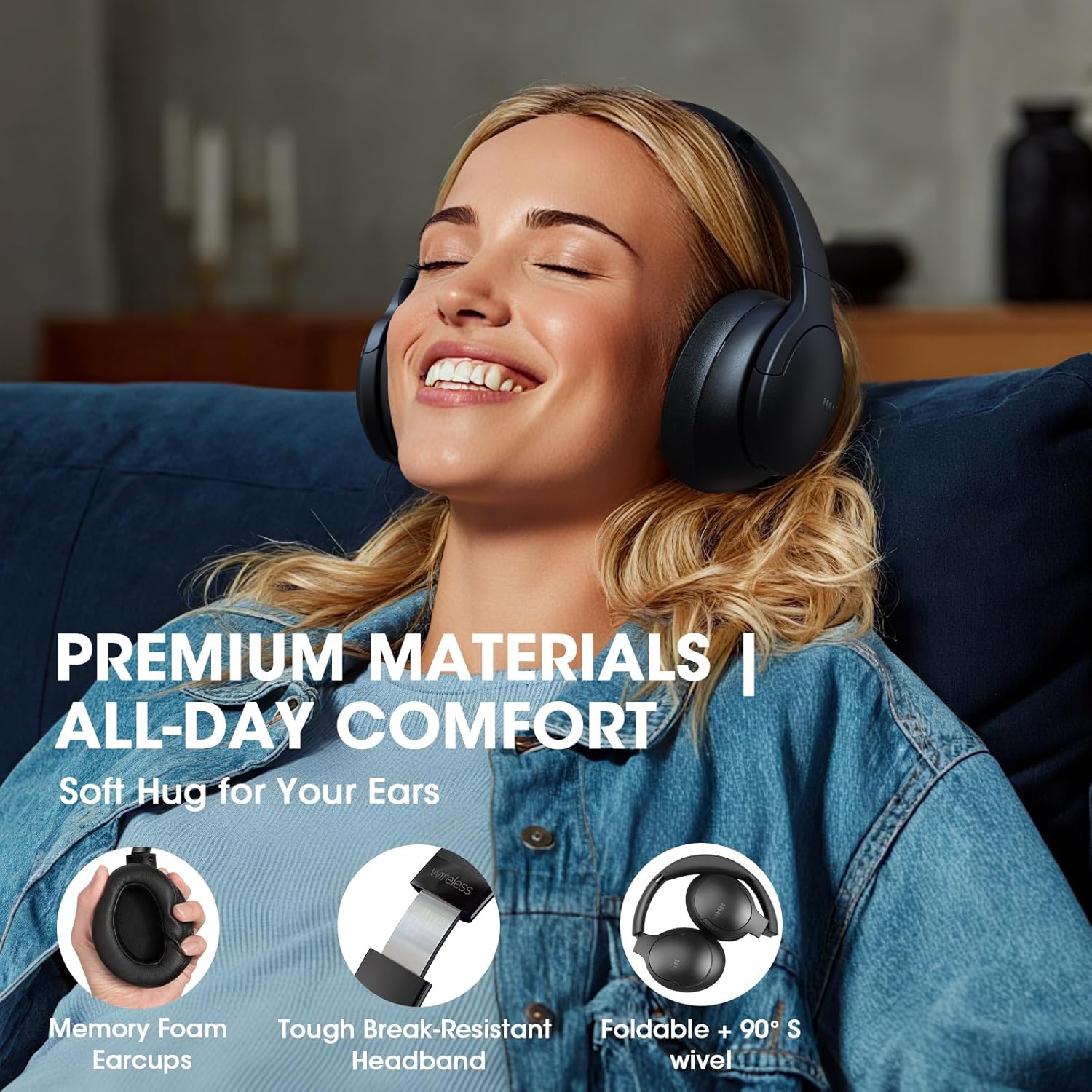DOQAUS Wireless Over-Ear Headphones | 90H Playtime, 9 EQ Modes, Black