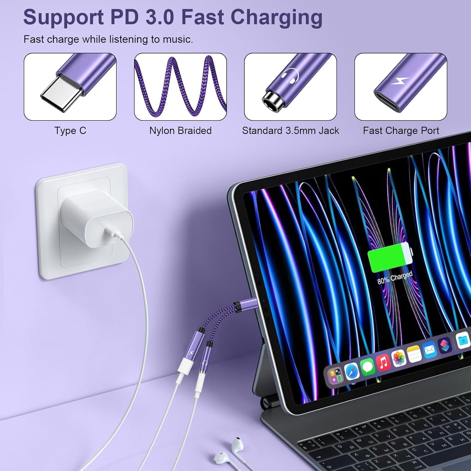 USB-C to 3.5mm Headphone + Charging Adapter 2-in-1 for Samsung iPhone