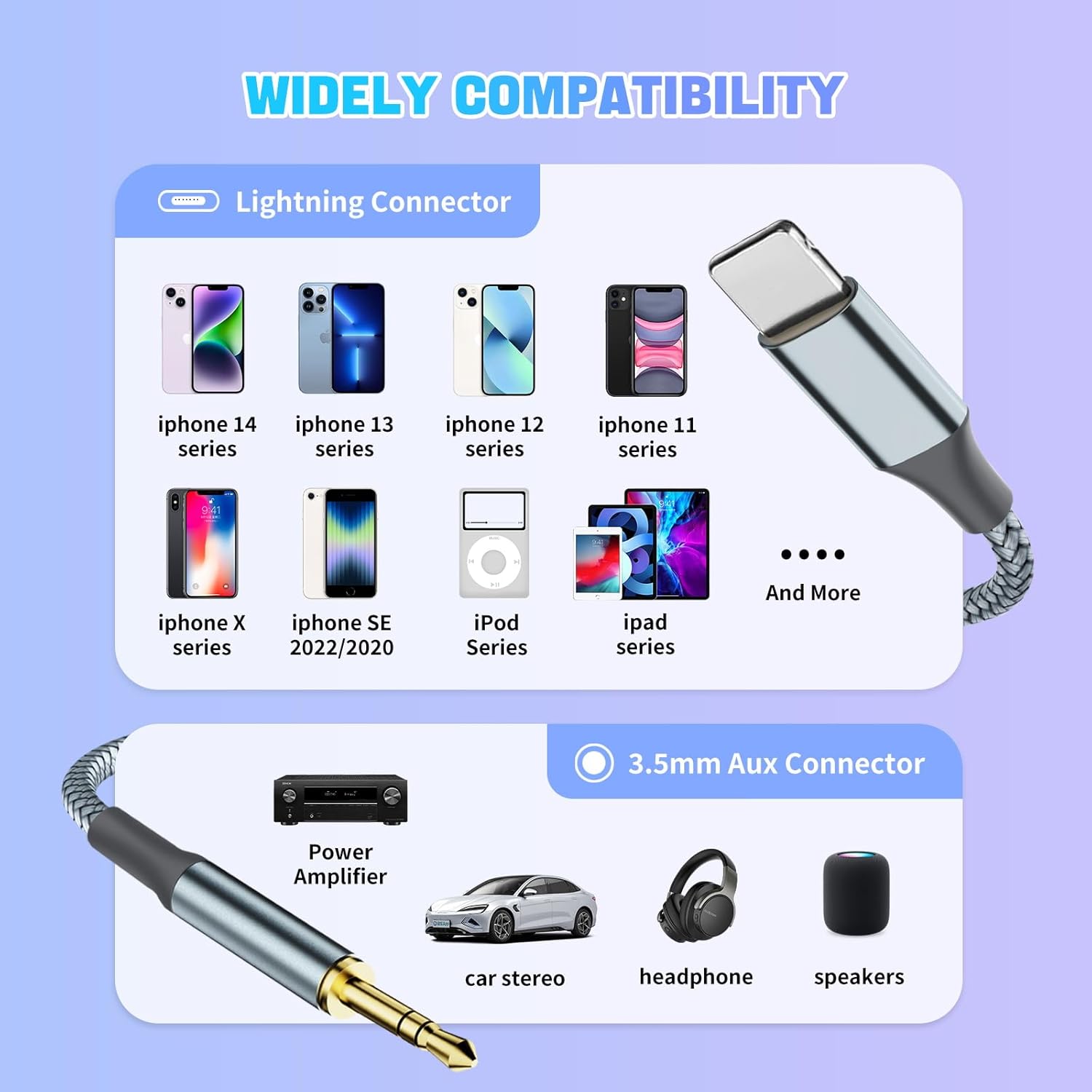 Lightning to 3.5mm AUX Cable 1.2M for iPhone Car Stereo Headphone Adapter Audio Cord iPhone 14 13 12 11 X XR XS 8 7