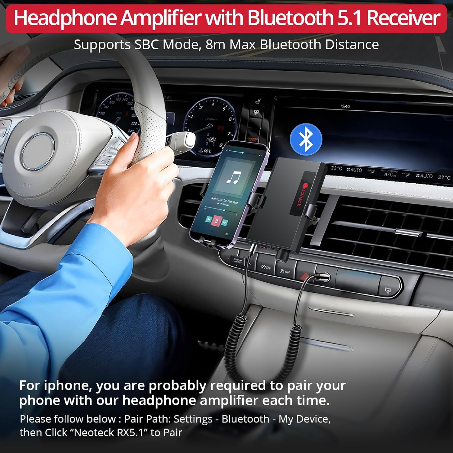 Neoteck Portable Headphone Amp Bluetooth 5.1 Bass Boost 16-300Ω