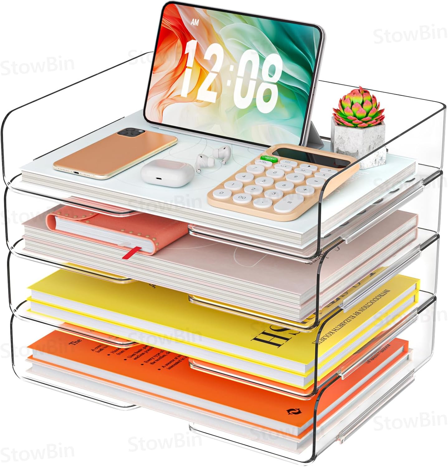 4 Pack A4 Acrylic Letter Tray Clear Stackable Document Organizer Filing Trays for Paper & Notes