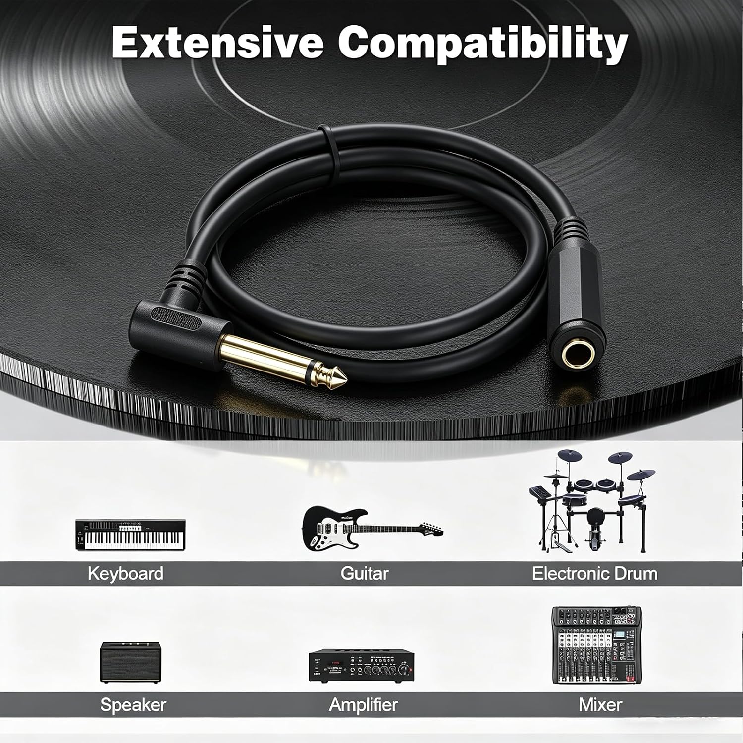 1/4 Inch 6.35mm Mono Jack Male to Female Extension Cable 50cm