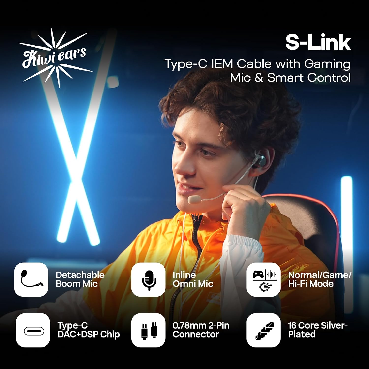 Kiwi Ears S-Link Type-C IEM Cable with DAC DSP Dual Mic 1.2m